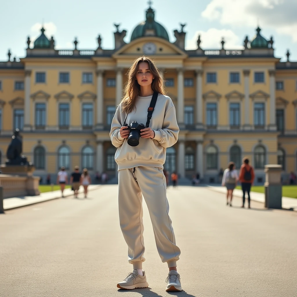 A 1 woman standing in a square with Schonbrunn Palace in the background. She is dressed in a stylish oversized sweatshirt paired with slim-fit joggers. She poses effortlessly, holding a camera as if she's about to take a photo, with the grand palace adding a majestic touch to the scene
