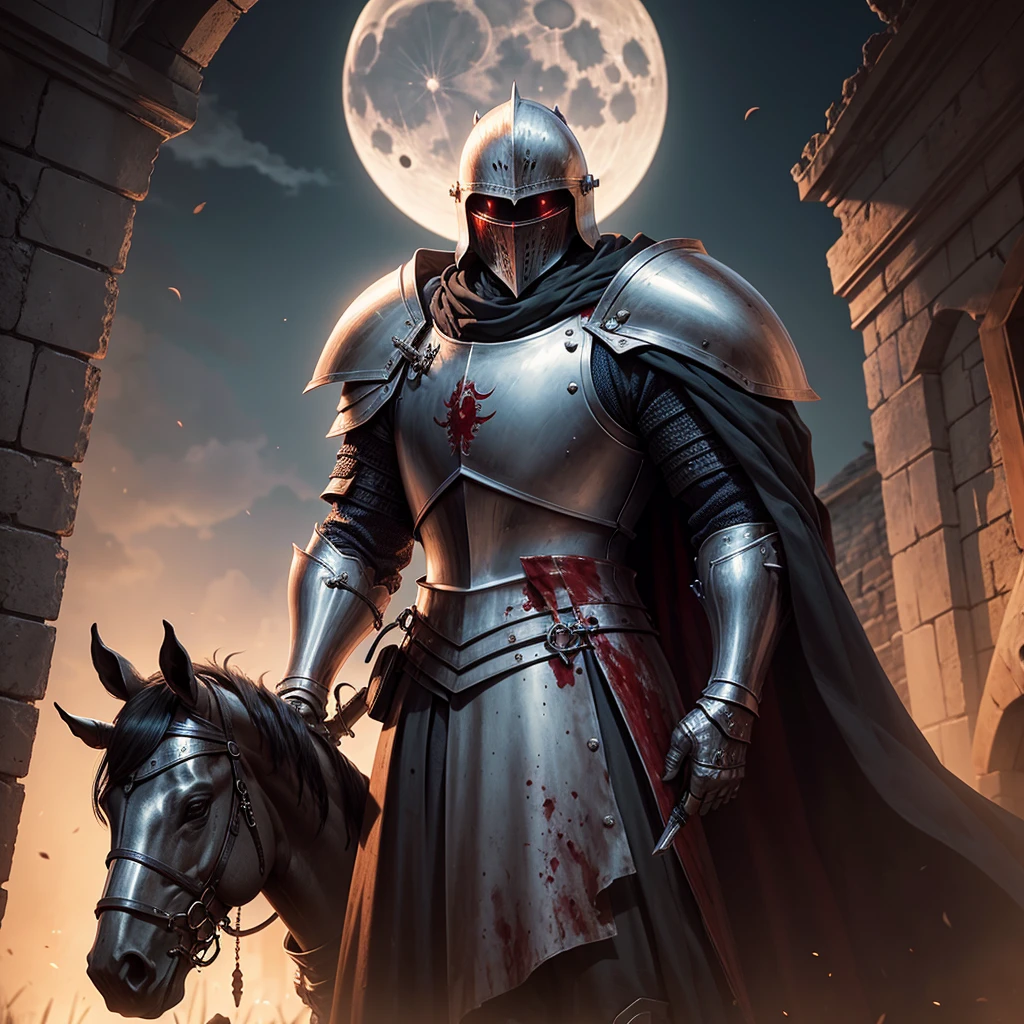 A bloody knight looking at the cresent moon