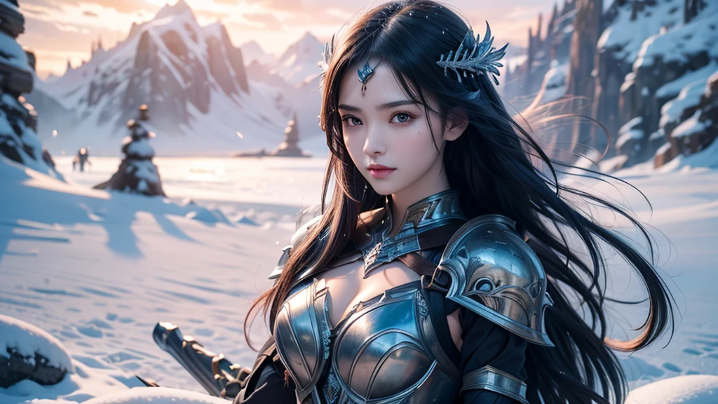 Close-up of woman holding sword and armor, Armor Girl, 2. 5D CGI anime fantasy artwork, Large Breasts，Epic fantasy digital art style, detailed Digital 2D fantasy art, Digital 2D fantasy art, original photo, (best quality:1.3), high resolution, (masterpiece), (lifelike:1.4), Professional photography, Be focused, High Dynamic Range, 8K resolution, Intricate details, Fine details, Depth of Field, Extremely detailed CG unified 8k wallpaper, masterpiece，poster，best quality，Official Art，（Beauty and aesthetics：1.2），（masterpiece：1.3），miss，Personal，Light Leather Armor，Complex Mode，winter，Snow Mountain，Medium distance photography，（midnight），dramatic，giant bat wings，