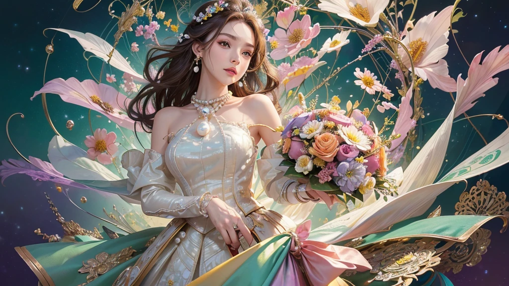 32K, 最高quality, 最高masterpiece, (ultra-Detailed Background, Detailed Background), High resolution, Super detailed, Very detailedな, 1 personの, (bouquet:1.3), (Tangled:1.2), (Geometric:1.2),(colorful),(masterpiece, quality, best quality, Official Art, Beautiful and beautiful:1.2), (1 person:1.3), Very detailed,(colorful:1.1)(Flowers:1.3),Most detailed,(Tangled:1.2), whole body, (Abstract background:1.3), (Skin glows), (Many colors:1.4), ,(Earrings Pearl:1.5), Light green background, It's imaginative., Brunette Hair, Updo, Holding a book, Holding a pen, Satin shirt