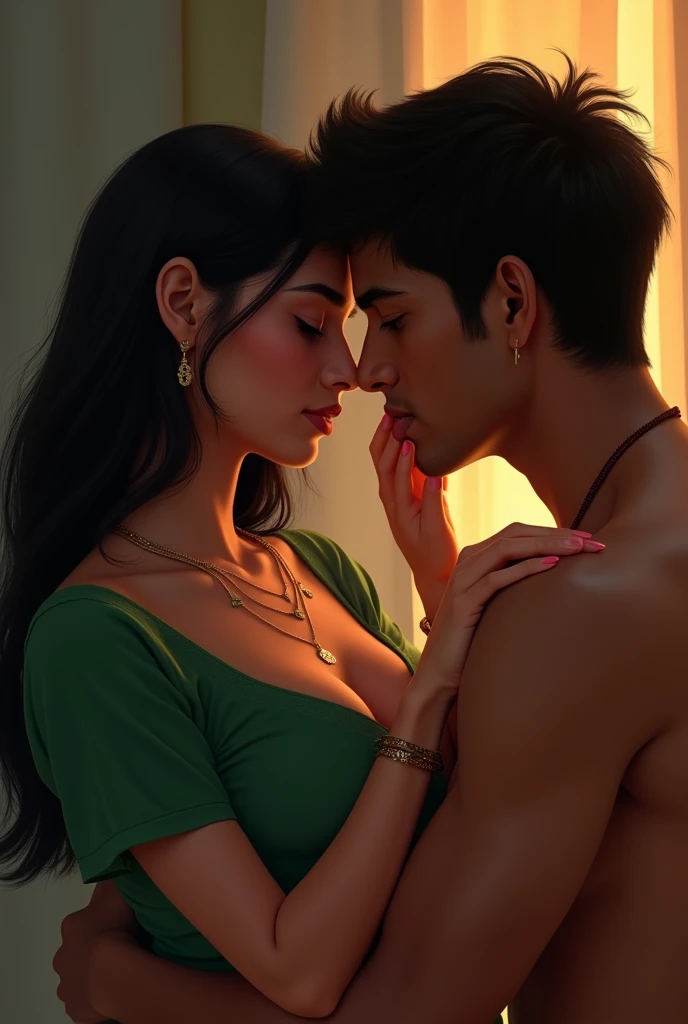 indian woman, long balack hair, in green plain blouse, showing her cleavage, kissing with 20 years old boy, boy kissing on her chest, boy kiss her boobs only