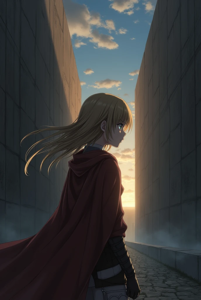 Anne leonrart from attack on titan looking at the walls with regret