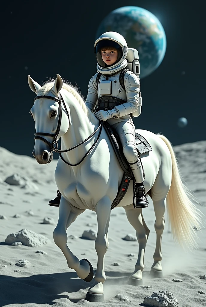 girl astronaut riding on white horse in the moon at space