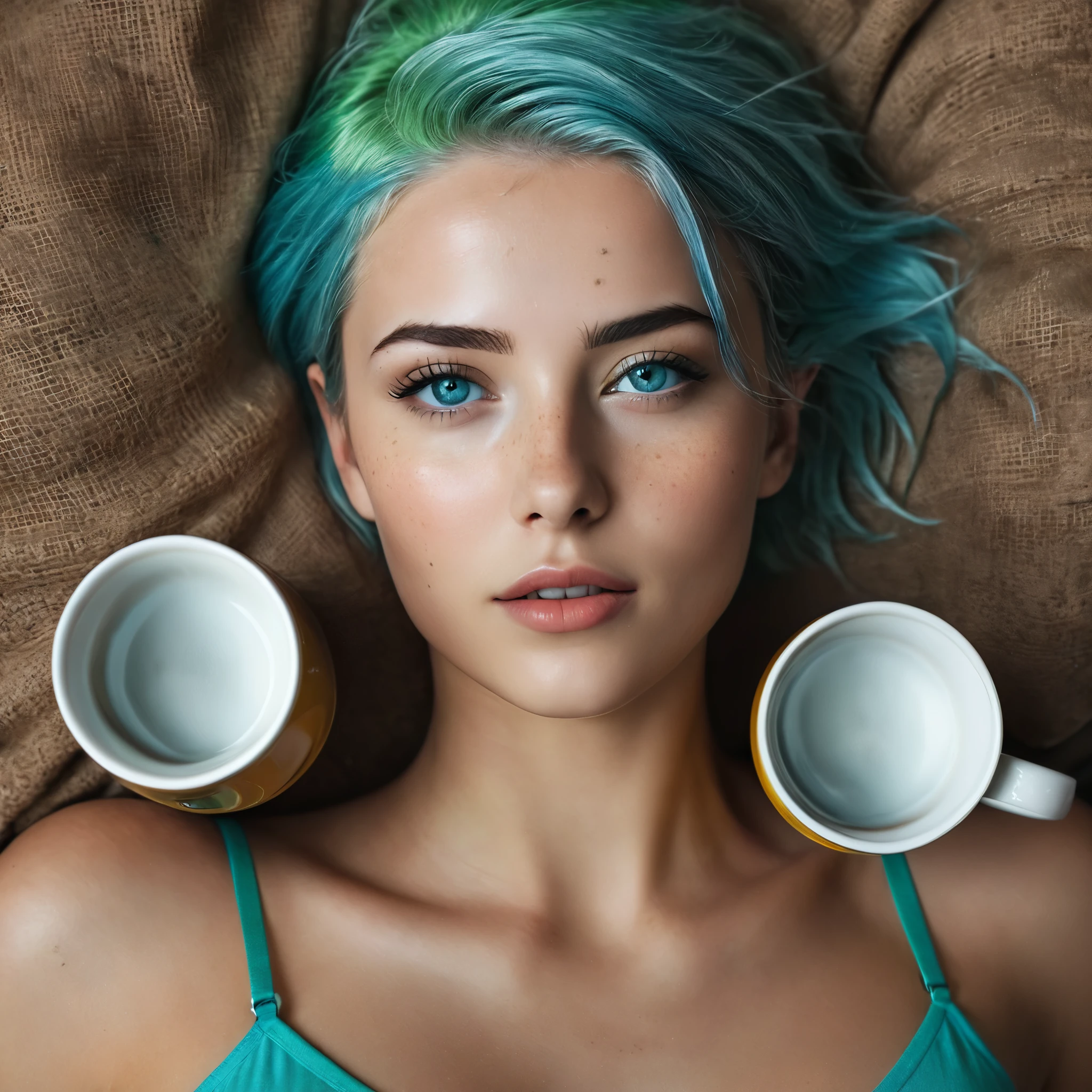 (Best quality), ((artistic realization)), (ultra detailed), Woman 20 Years Old Nordic Ethnicity, Short blue hair with a perfect face and light freckles, Blue-Green Eyes (makeup) , a slim body, (narrow hips). (She is lying on her back, (((coffee)))  cups around, view from above, close-up), Dark atmosphere of the frame, (ultra detailed), ((photorealistic)), ((Color palette - turquoise, neon green, yellow shades))