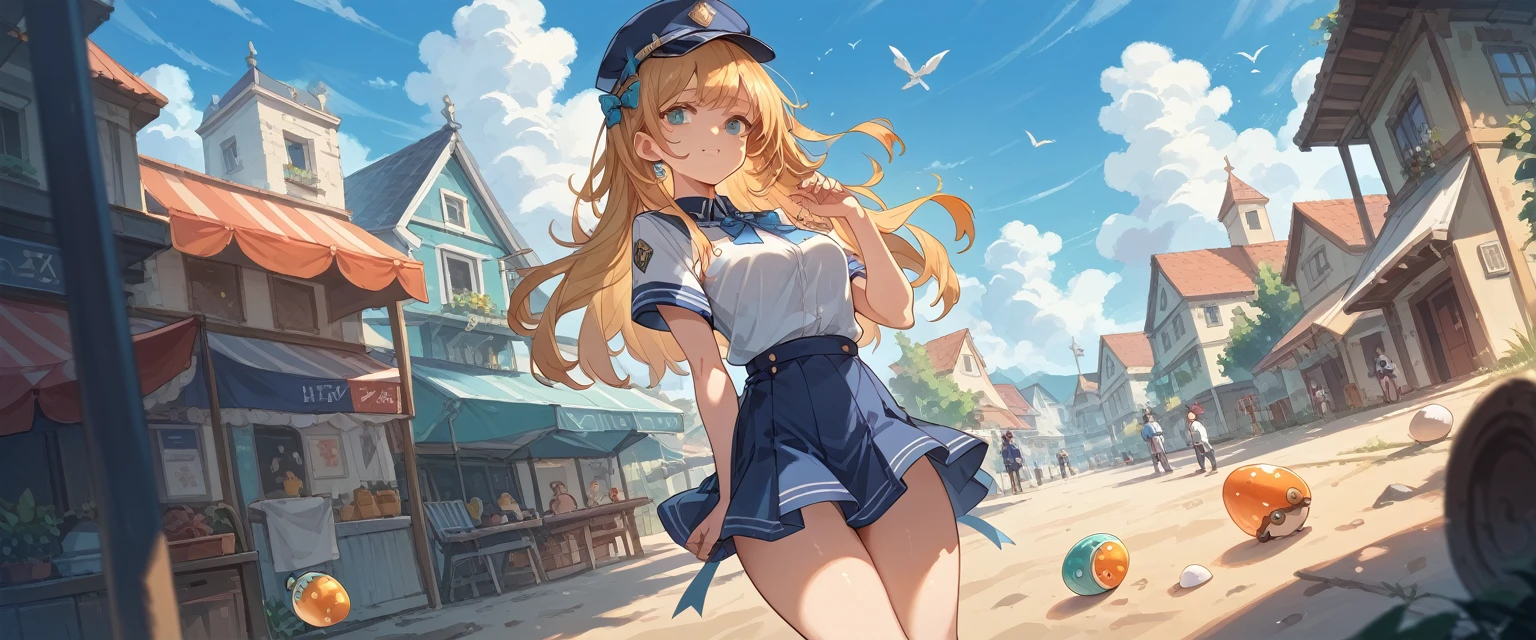 Highest quality masterpiece High resolution Girl (産egg) uniform skirt Bow-legged egg Troubled expression beach
