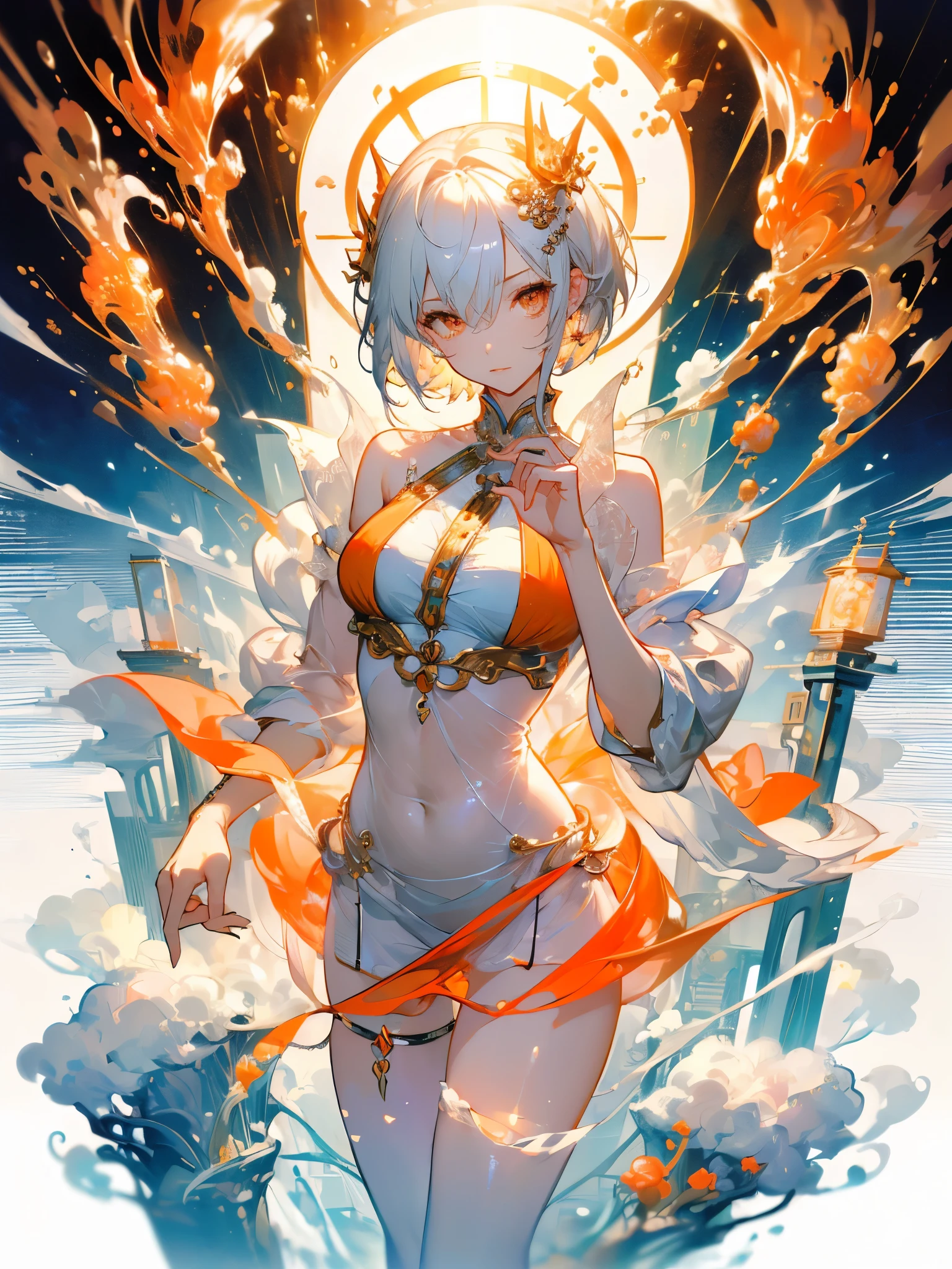 ((masterpiece, best quality)), Delicate face，goddess，cloud顶天宫，cloud，whole body，Long legs，Perfect body proportions，Short hair handsome，Beautiful orange eyes，Fantasy style，Extremely beautiful，Pure white background，transparent，sexly，Fishnet stockings，chain