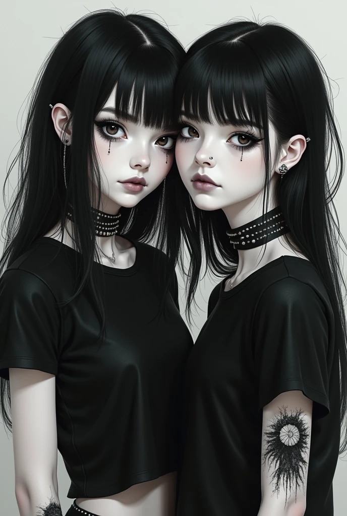 2 girl with pale white skin
Black punk hair style
With piercings in the left eyebrow, piercings in the left ear
Wearing short-sleeved gothic clothing,
With the left arm painted matte black