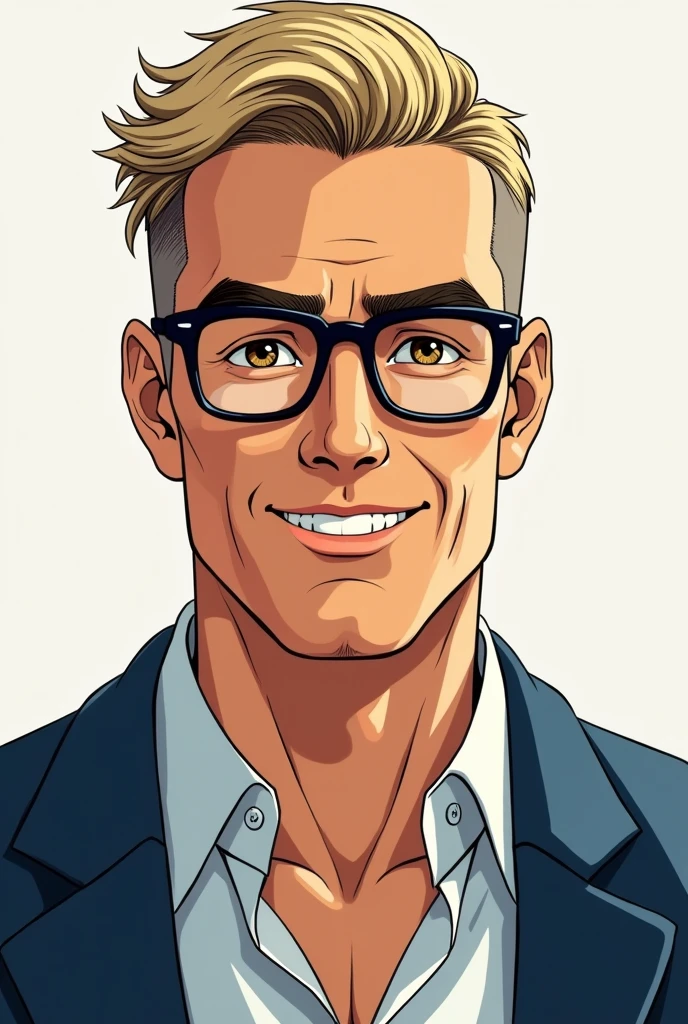 Style manga, homme 38 ans blanc chic, short hair shaved on the sides. Brown eyes, dark blonde hair. Tanned marks on the face, il sourit et ses yeux pétillent. Dressed in a slightly open shirt and a blue jacket. Black rounded square glasses. Hair slicked back