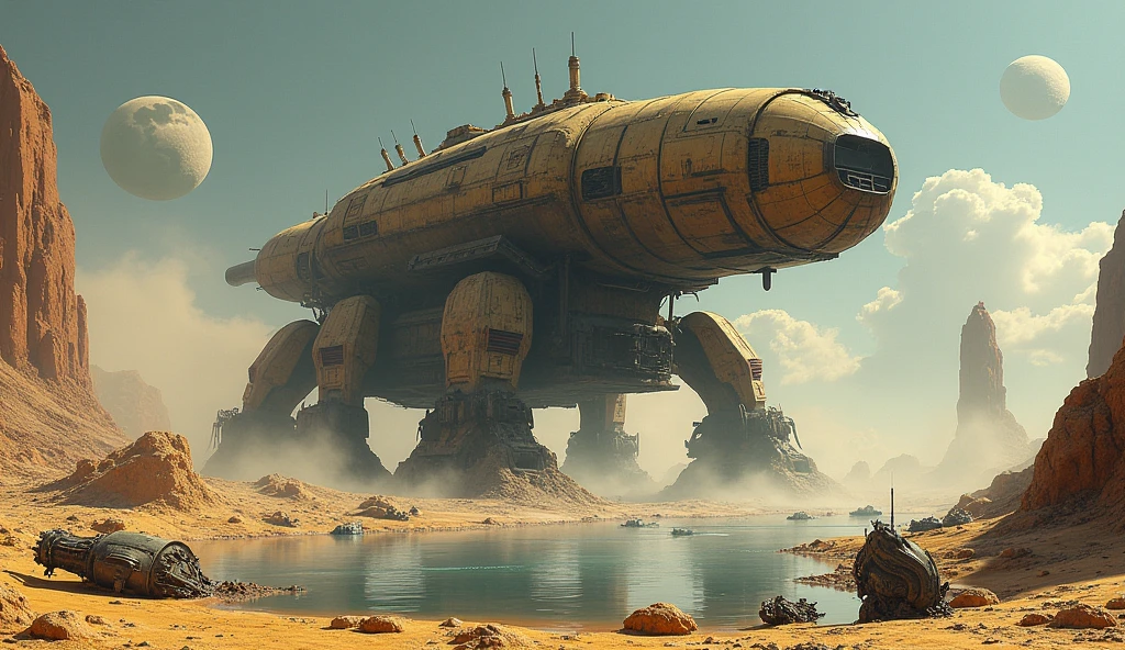 巨大な中世Sandcrawler, Detailed crashed spaceship, Detailed spaceship, movie「Dune」Sandcrawler, Derelict spacecraft, flying scifi vehicle, レトロなSF Spaceship, Very detailed, Ancient crashed spaceship, SF Spaceship, Fallout Airplane Concept Art, Ancient spaceships、lake、Two moons