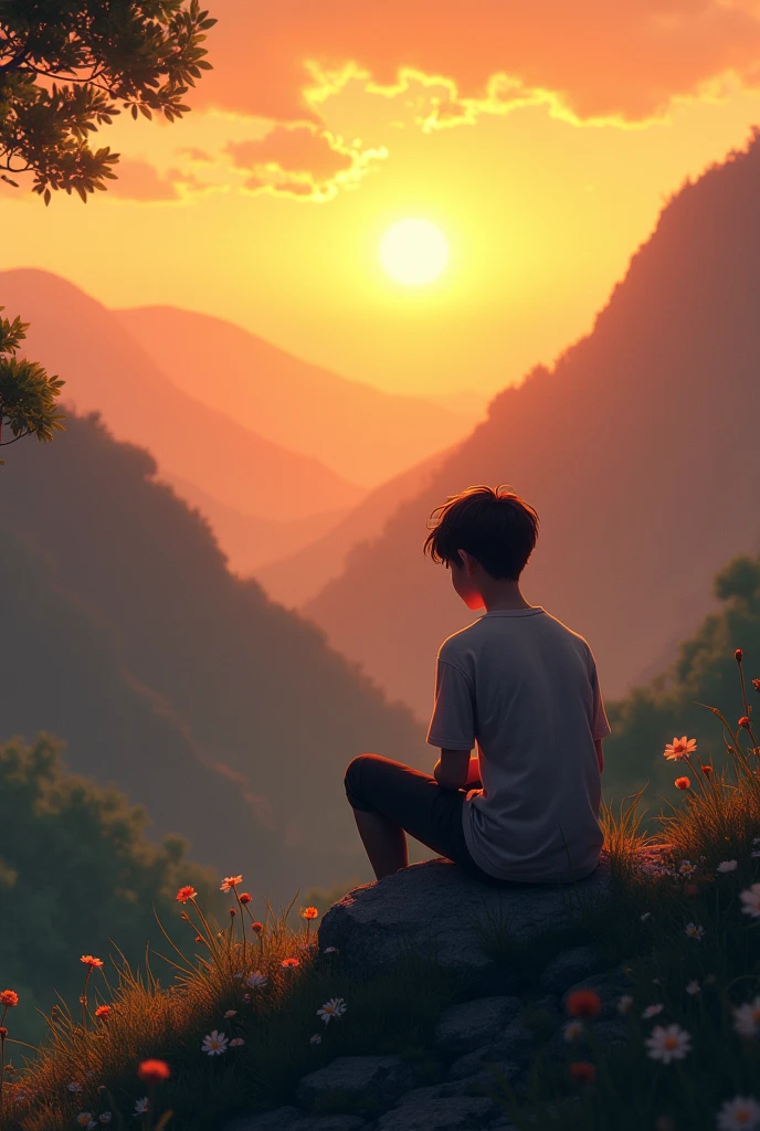 A teen broken hearted boy seeing the sunset between small mountain