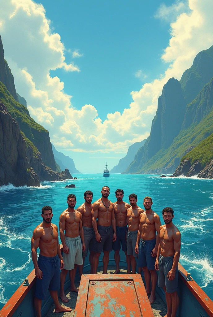 Landscape image from afar, tuna fishing boat, 9 people, 1 man, 1 woman, all facing forward, muscular, landscape illustration