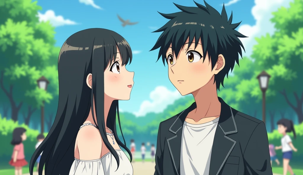 Anime-style. Shot Type: Medium shot. Description: Yuki looks up at Hiroshi with a gentle smile, but he seems distracted, looking ahead. Background: The park is lively, with birds chirping and children playing. Yuki(, Japanese. She has long, straight black hair, fair skin, and soft, delicate features. She typically wears a simple white dress, symbolizing purity and care, with a small silver necklace given by her boyfriend. She has a gentle and caring demeanor).
Hiroshi(, Japanese. He has short, messy black hair, and a strong jawline. He often wears a school uniform consisting of a white shirt and a dark jacket, giving off a relaxed but slightly indifferent attitude).