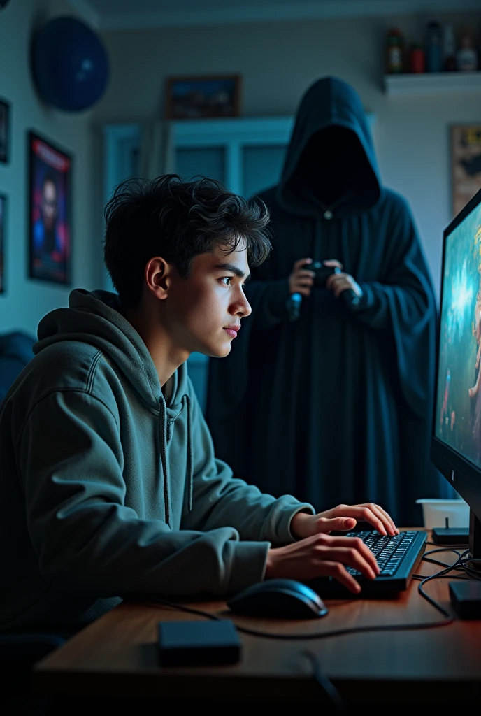 A young man playing online games in his room、Behind the young man is the strongest Grim Reaper、Realistic texture、Realistic images、Very detailed