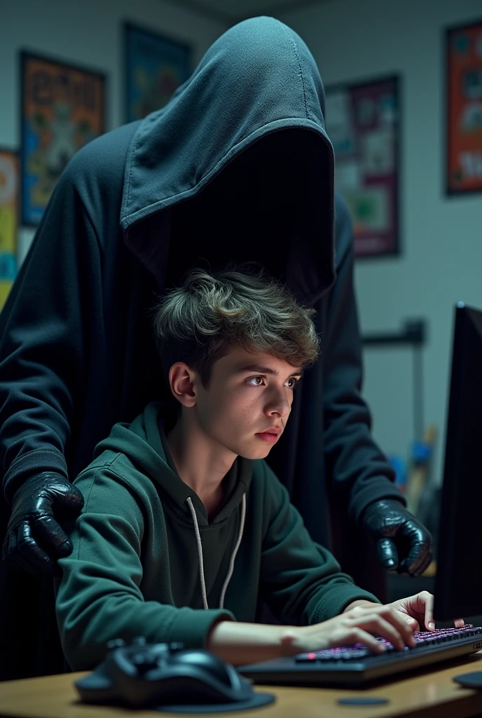 A young man playing online games in his room、Behind the young man is the strongest Grim Reaper、Realistic texture、Realistic images、Very detailed