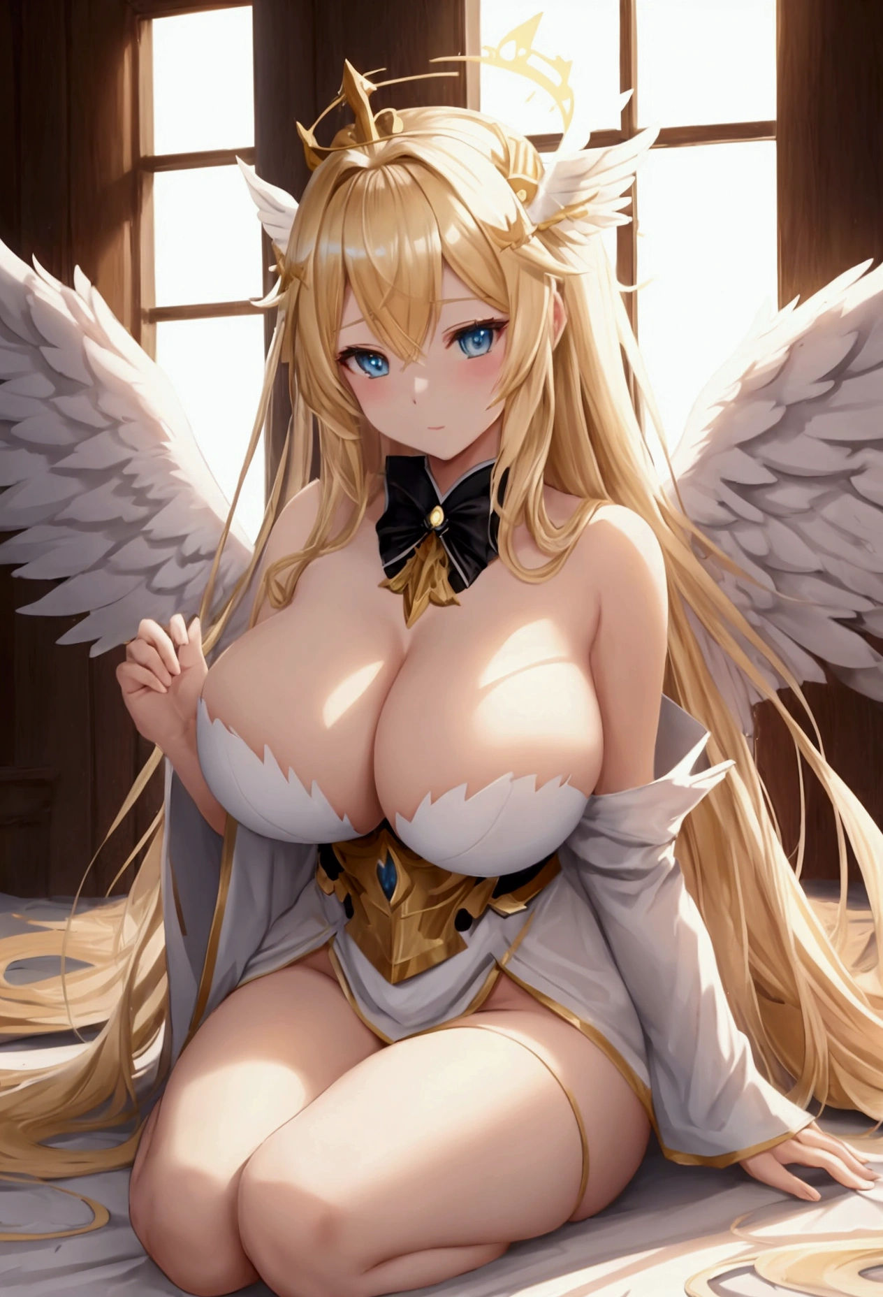 Sexy anime angel (big breasts, huge breasts) with white wings with black tips and a crown on its head., anime goddess, Angelic golden armor, long blonde hair with black tips, majestic full body angel, of Beautiful angel, angel knight girl, of an Beautiful angel girl, Beautiful angel, beautiful female angel, blonde anime girl with long hair, beautiful fantasy anime, epic angel wings, pureza angelical, like a mystical valkyrie