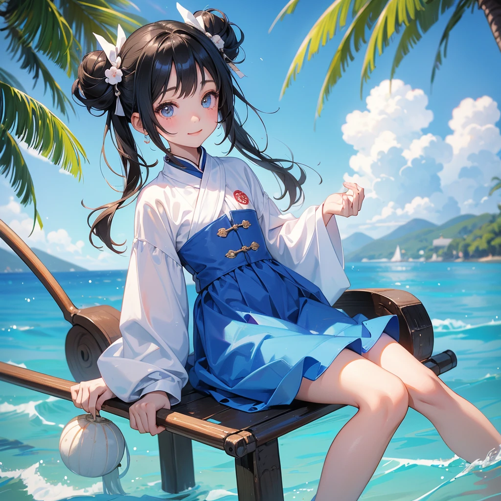 A chibi child girl had a small face and Wearing white little Taoist priest's outfit. A pair of big round eyes shone with curiosity about him. This child was so cute,her hair is black with two buns on her hair.small chibi, chibi baby, smiling ,Chibi.
Sitting fishing By the blue sea Under the coconut tree Behind there are mountains, with low, lazily floating clouds.