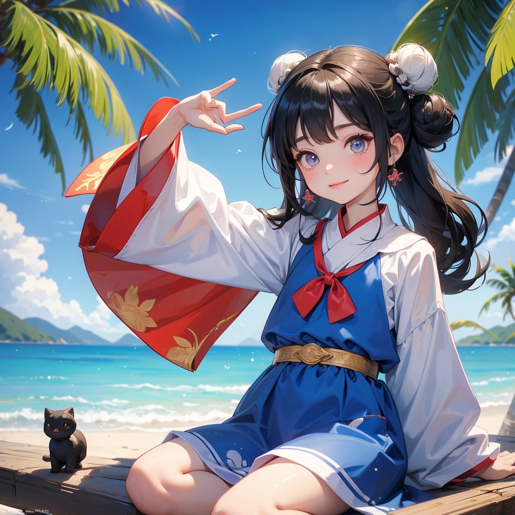 A chibi child girl had a small face and Wearing white little Taoist priest's outfit. A pair of big round eyes shone with curiosity about him. This child was so cute,her hair is black with two buns on her hair.small chibi, chibi baby, smiling ,Chibi.

Sitting fishing By the blue sea Under the coconut tree Behind there are mountains, with low, lazily floating clouds.
