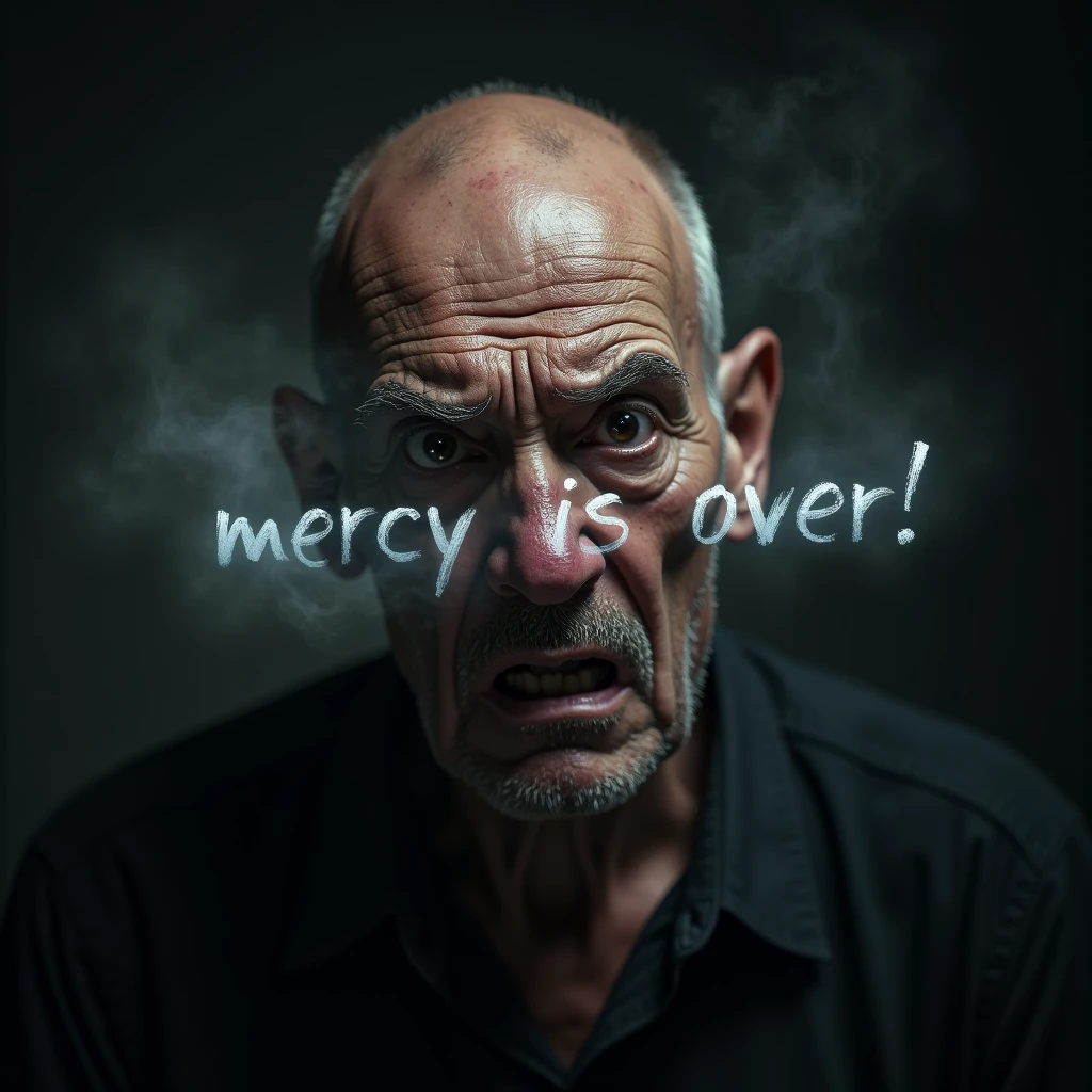 A photorealistic image captures the intense gaze of an elderly, bald man with a beard, whose eyes are filled with deep sadness and anger. His eyes are dark and piercing, slightly bloodshot with traces of recent tears still visible on his flushed, weathered cheeks. The expression on his face conveys a raw, powerful emotion, as if he is on the brink of breaking, yet holds a fierce resolve. Bright lights backlight the scene, highlighting the contours of his face and creating a stark contrast against the darker background.
Suspended in the air between his eyes and the viewer, a translucent, almost ghostly message reads exactly: "Mercy is over!" The text appears as if it's floating, blurred at the edges, with the letters formed from a faint mist or dark smoke that lingers in the space. The smoky words are readable, though not overly bright, hovering just in front of his gaze, creating a surreal yet powerful effect.
The lighting is soft and diffuse, casting subtle shadows that accentuate the lines of his face and the intensity of his expression. The background is dark and out of focus, ensuring that all attention remains on his face and the ominous message suspended before him. The overall tone of the image is haunting, with the ethereal text adding a layer of depth to the man's emotion, making the scene both unsettling and deeply evocative.