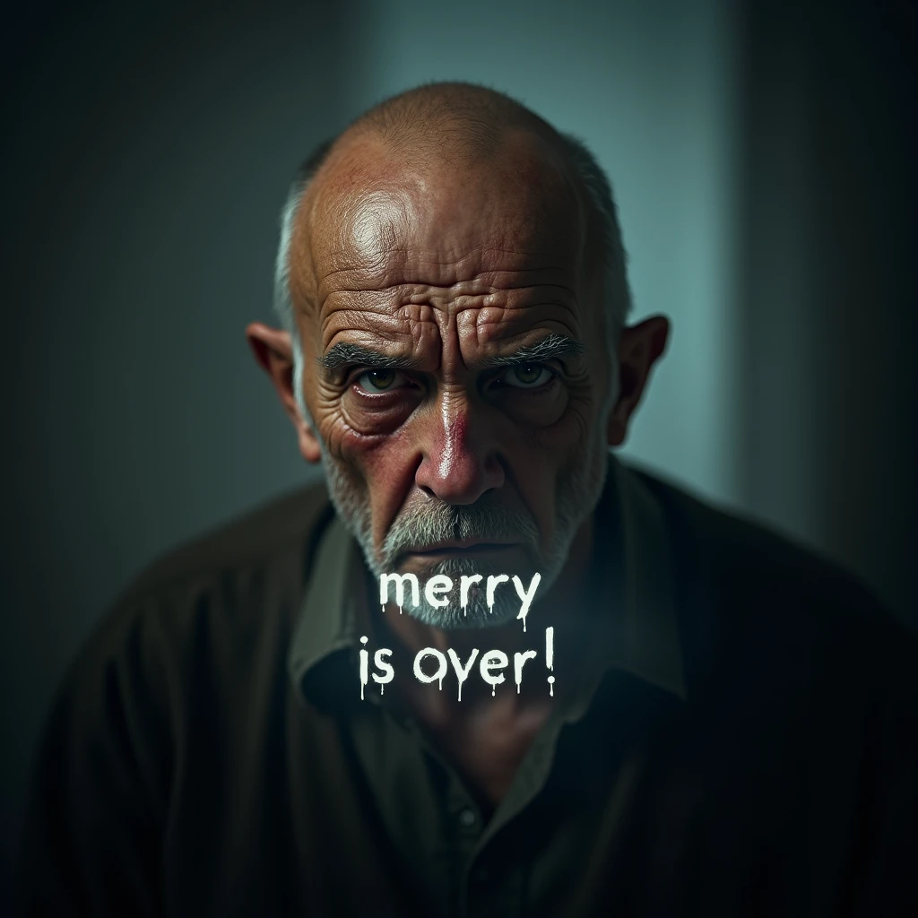 A photorealistic image captures the intense gaze of an elderly, bald man with a beard, whose eyes are filled with deep sadness and anger. His eyes are dark and piercing, slightly bloodshot with traces of recent tears still visible on his flushed, weathered cheeks. The expression on his face conveys a raw, powerful emotion, as if he is on the brink of breaking, yet holds a fierce resolve. Bright lights backlight the scene, highlighting the contours of his face and creating a stark contrast against the darker background.
Suspended in the air between his eyes and the viewer, a translucent, almost ghostly message reads exactly: "Mercy is over!" The text appears as if it's floating, blurred at the edges, with the letters formed from a faint mist or dark smoke that lingers in the space. The smoky words are readable, though not overly bright, hovering just in front of his gaze, creating a surreal yet powerful effect.
The lighting is soft and diffuse, casting subtle shadows that accentuate the lines of his face and the intensity of his expression. The background is dark and out of focus, ensuring that all attention remains on his face and the ominous message suspended before him. The overall tone of the image is haunting, with the ethereal text adding a layer of depth to the man's emotion, making the scene both unsettling and deeply evocative.