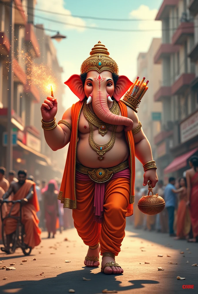 lord Ganesh walking in road with crackers logo with irakalgada gajaa coming soon title