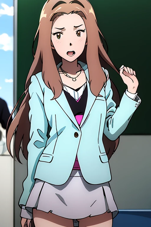  Highest quality, masterpiece, High Resolution, 1 girl,  pooping, mimi_tachikawa, 1girl, solo, long hair, light brown hair, brown eyes, hairband, solo, long hair, open mouth, skirt, light brown hair, brown eyes, jewelry, jacket, hairband, necklace, farting, Ass, Massive Farting,