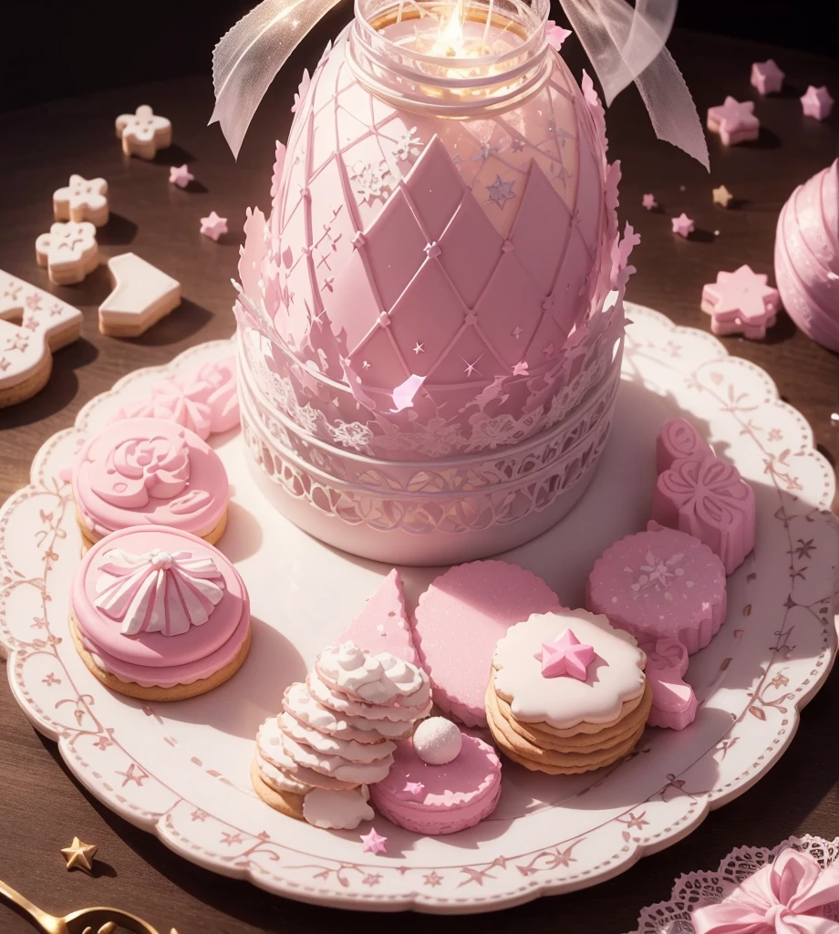 Create gorgeous handmade cookies that fit together like a puzzle　in the forest　Candy Castle　Fairy World　chocolate　A soft light shines through　Delicate lace and ribbon　Light color　gem　lame　Photon Mapping　High Contrast　Diamond particles　antique　The color is pink and white　Cookie Puzzle　cute　Sparkling　Star Fragment