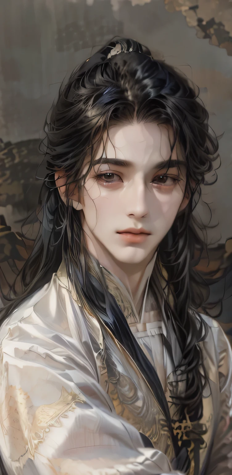 ((Best quality)), ((masterpiece)), (detailed), ((perfect face)), ((halfbody)) handsome face, male, teen boy,  perfect proportions , and his lover, long hair, male version , detailed workshop background, detailedscenery background 