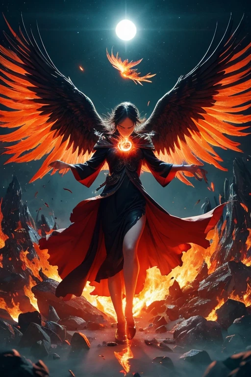 Imagine this epic depiction of a vibrant, fiery phoenix, Its wings are spread wide, Rising brilliantly from the grey ash pile with brilliant wings and sharp contrast. The Phoenix emits an aura of power, Renewal, And hope, Its form is characterized by abstract shapes and patterns.. The background of this scene、A minimalist spread to focus on the key moments of this rebirth., Symbolizes resilience and the cyclical nature of existence. The scene should feel powerful., dramatic, and emotionally resonant.