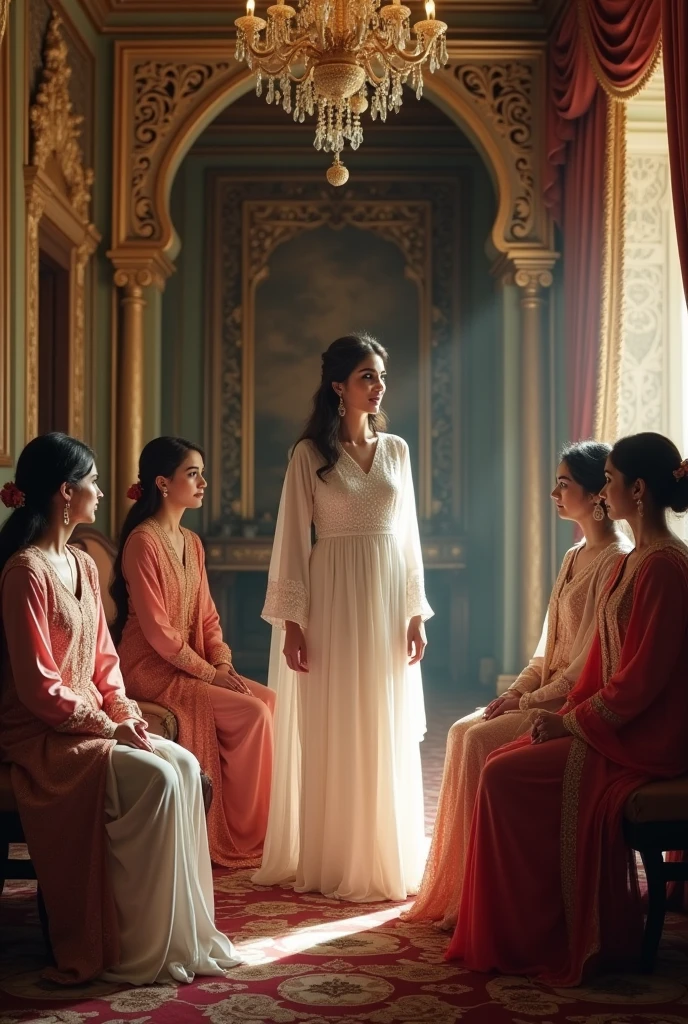 1 lady in white shalwar kameez stand and convey something and 5 ruler ladies sit in the room 