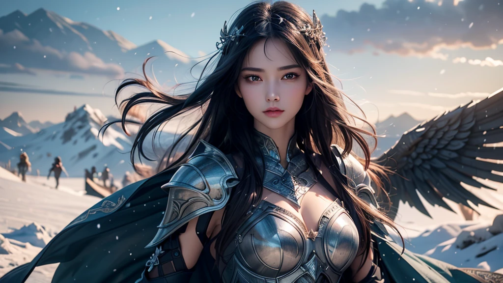 Close-up of woman holding sword and armor, Armor Girl, 2. 5D CGI anime fantasy artwork, Large Breasts，Epic fantasy digital art style, detailed Digital 2D fantasy art, Digital 2D fantasy art, original photo, (best quality:1.3), high resolution, (masterpiece), (lifelike:1.4), Professional photography, Be focused, High Dynamic Range, 8K resolution, Intricate details, Fine details, Depth of Field, Extremely detailed CG unified 8k wallpaper, masterpiece，poster，best quality，Official Art，（Beauty and aesthetics：1.2），（masterpiece：1.3），miss，Personal，Light Leather Armor，Complex Mode，winter，Snow Mountain，Medium distance photography，（midnight），dramatic，Glowing Wings，