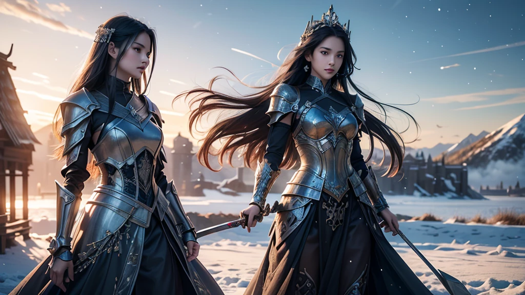 Close-up of woman holding sword and armor, Armor Girl, 2. 5D CGI anime fantasy artwork, Large Breasts，Epic fantasy digital art style, detailed Digital 2D fantasy art, Digital 2D fantasy art, original photo, (best quality:1.3), high resolution, (masterpiece), (lifelike:1.4), Professional photography, Be focused, High Dynamic Range, 8K resolution, Intricate details, Fine details, Depth of Field, Extremely detailed CG unified 8k wallpaper, masterpiece，poster，best quality，Official Art，（Beauty and aesthetics：1.2），（masterpiece：1.3），miss，Personal，Light Leather Armor，Complex Mode，winter，Snow Mountain，Medium distance photography，（midnight），dramatic，Glowing Wings，