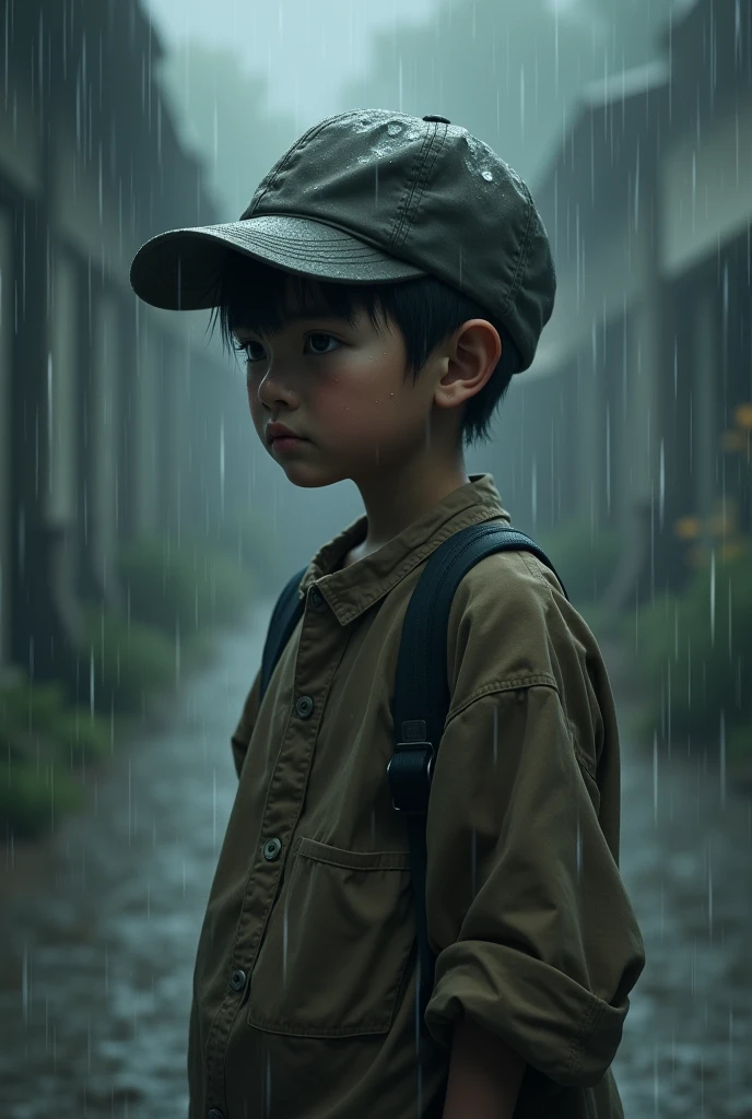 A boy wearing cap standing in rain