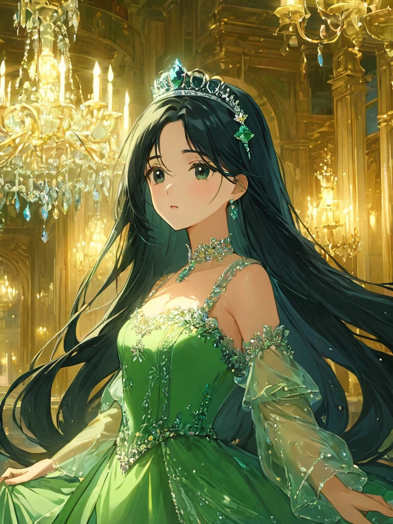 masterpiece,high quality,One Woman,Princess,西洋のPrincess,Black Hair,Long Hair,black eye,Green Dress,tiara,Western Castle,Western-style interior,chandelier,Straight face,Watery eye,Shyness,Silent