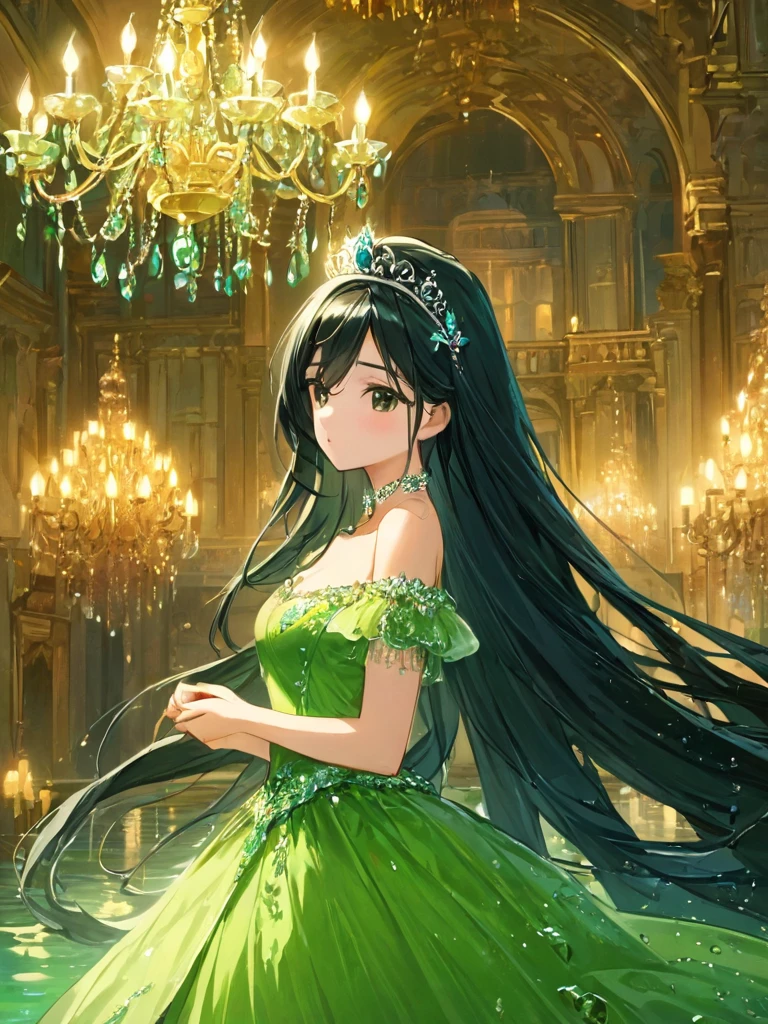 masterpiece,high quality,One Woman,Princess,西洋のPrincess,Black Hair,Long Hair,black eye,Green Dress,tiara,Western Castle,Western-style interior,chandelier,Straight face,Watery eye,Shyness,Silent