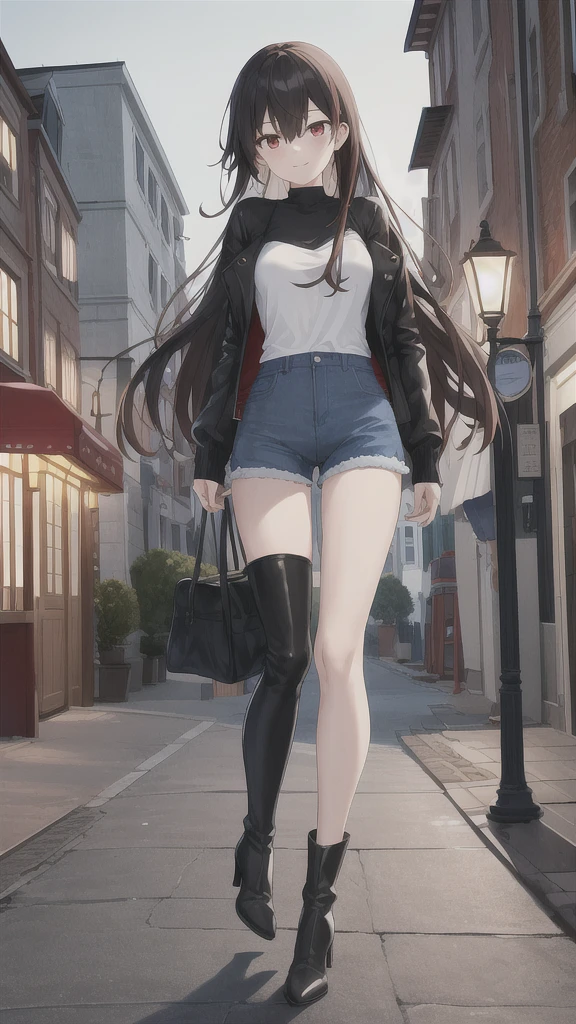Best quality, ultra quality, 4K, beautiful view, best photo,
1 girl, high, slim, long hair, Thin legs, Red eyes, the eye is covered by hair, black hair, White T-shirt, Leather Jacket, blue shorts, Cold evening, city, walk, wear, Thigh High Boots, medium heels, Brown boots, carry a package, looking at the viewer, Beautiful face, lamp post, sidewalk, car, everything is great,
