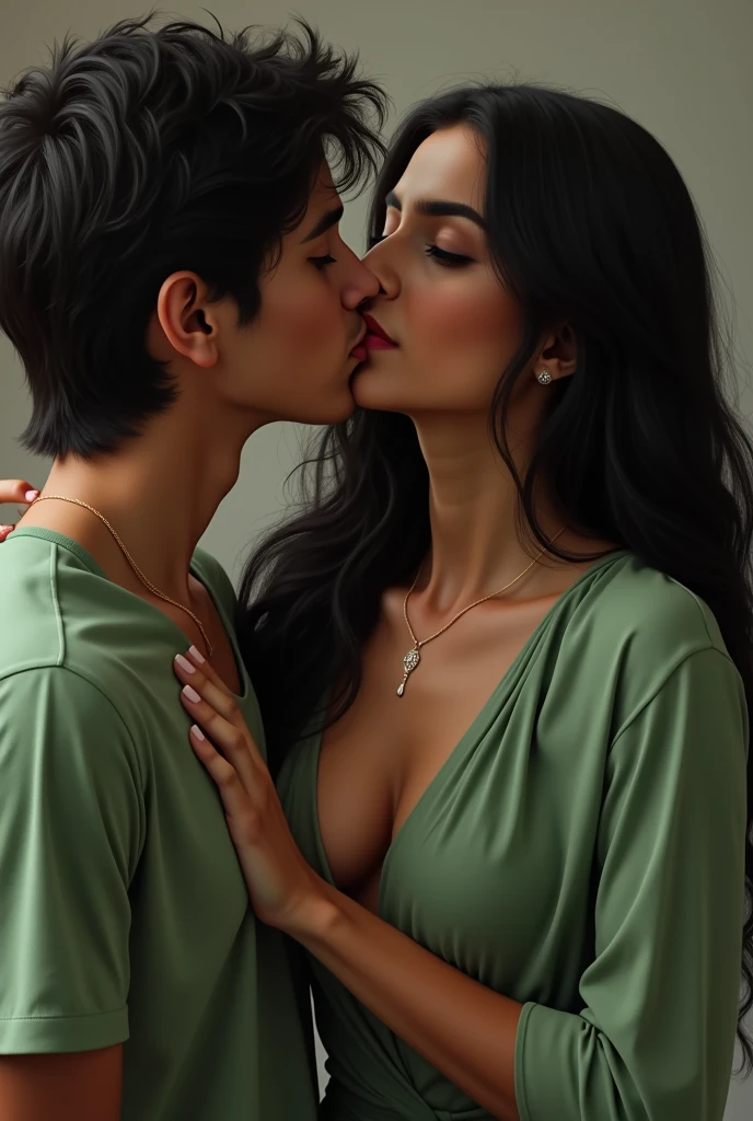 realistic indian woman, long balack hair, in green plain blouse, showing her cleavage, kissing with 20 years old boy, boy kissing on her chest, boy kiss her boobs only