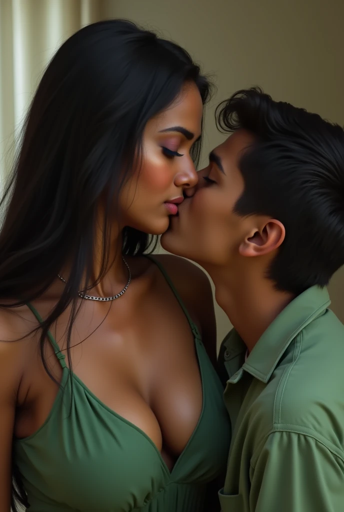 realistic indian woman, long balack hair, in green plain blouse, showing her cleavage, kissing with 20 years old boy, boy kissing on her chest, boy kiss her boobs only
