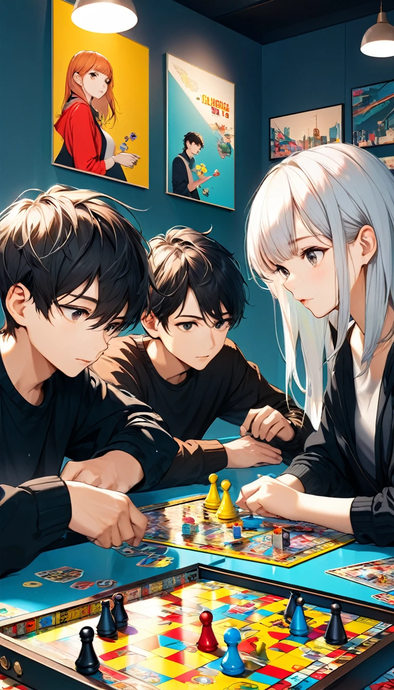 Two boys and girls playing board games,graphic design,Poster,Modern minimalist style, (best quality,4K,8k,high resolution,masterpiece:1.2),Extremely detailed。