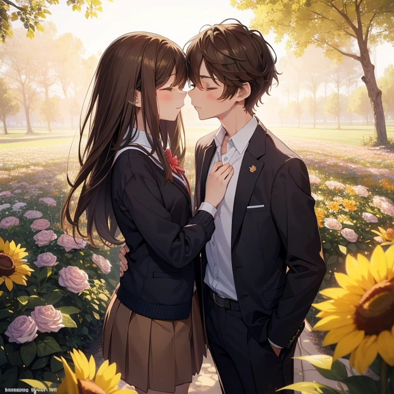 Masterpiece, best quality, high quality, 1boy, 1 girl, teenagers, (girl has long brown hair, has slim body, wears school uniform), (boy has short brown hair, has slim body, muscular build, wears school uniform), closed eyes, Love, kisssing, blushed faces, couple, romantic atmosphere, standing in the flower field, sunny day