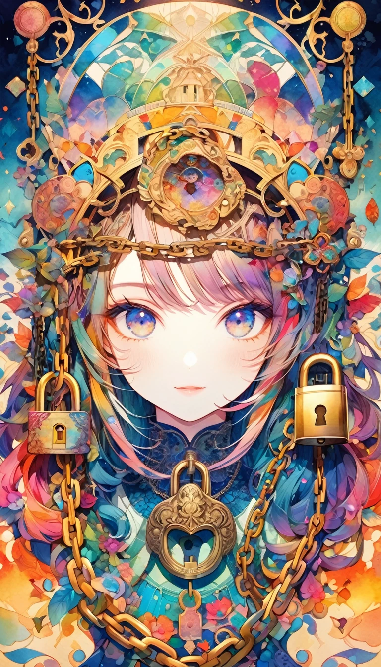 Abstract art with a chain and key theme, Colorful keys nailed to canvas, smile、The key to complex patterns and shapes、Creating an aesthetic composition, Non-representational illustrations, Perfect balance and harmony of colors, Mysterious watercolor style, Glass-like transparency, Simply beautiful... A world where words cannot describe the people watching、smile