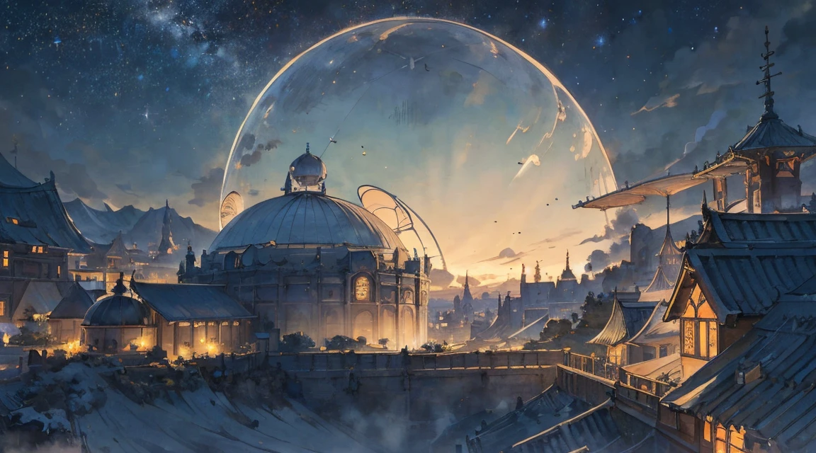 Highest quality, masterpiece, Very detailed, Detailed Background, anime,  short, sf, sf, Outdoor, night, Starry Sky, greenhouse, giant structure, Biodome, Wind景, scenery, horizon, rooftop,  Wind,  Atmospheric lighting, Focus Only, close, From the side, Written boundary depth, Bokeh