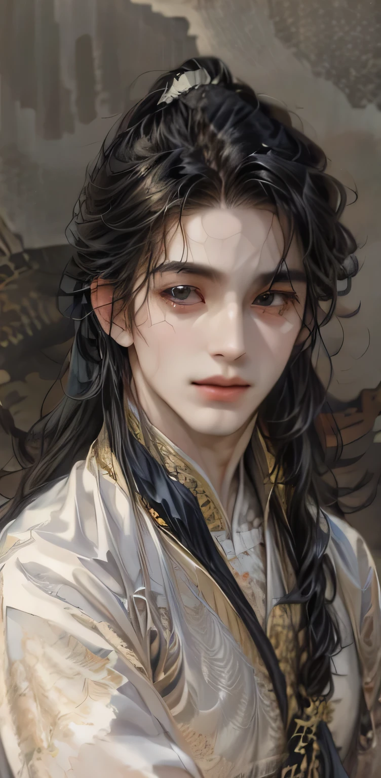 ((Best quality)), ((masterpiece)), (detailed), ((perfect face)), ((halfbody)) handsome face, male, teen boy,  perfect proportions , and his lover, long hair, male version , detailed workshop background, detailedscenery background 