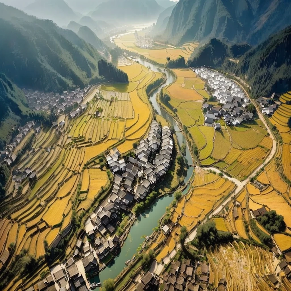 Valley scenery with river flowing through, China Village, Rice fields and river, old asian village, girl, Dreamy China城, Beautiful images, Quaint village, by Sheng Maoye, Guangjian, author：Gu An, very beautiful!! Aerial photography, A bird&#39;s eye view of an ancient land, Chinese scenery, Dreamy China, New China