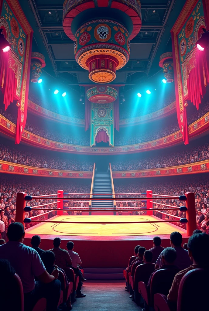 Decorate a Mexican wrestling themed backdrop that represents the culture but fits the theme, no character just decoration, for streaming show contest, be creative, simple but beautiful