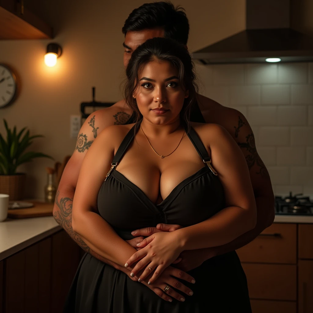 A beautiful indonesian woman, chubby and sexy body, tied hair , sweaty skin, wear sexy apron, huge breasts, sensual expression, cooking in the kitchen. Hug by a handsome man from behind, look at the viewer, cinematic light, realistic photography, wide angle shot, detailed facial features, intricate clothing folds, soft lighting, warm color tone, bathroom, photorealistic, cinematic composition, high quality, 8k, masterpiece