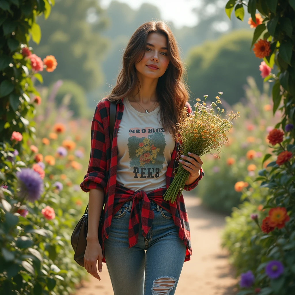 A 1 woman walking through Exbury Gardens, dressed in a relaxed streetwear outfit consisting of a flannel shirt tied around her waist over a graphic tee and distressed jeans. She’s holding a bouquet of wildflowers, surrounded by lush greenery and vibrant blossoms, giving the scene a serene and natural atmosphere."