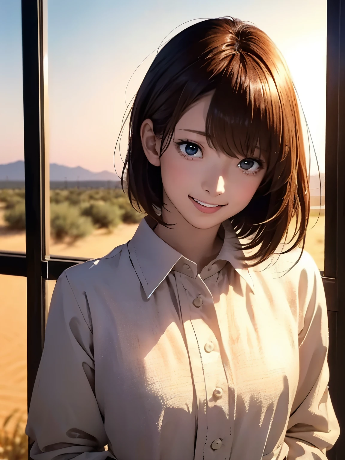 High resolution, 8k, Highest quality, detailed, Semi-realistic anime, Anime 3D Style, Smooth anime CG, One Girl, A 20-year-old Japanese woman, slim, Modeled, Shiny brown hair, detailedな顔, Beautiful and detailed, Glowing Skin, Hard Focus、Film Grain, Soft lighting, Looking at the audience, Laughter, (A woman wearing a light-colored linen shirt and pants), In the vast desert、Orange sunset and a distant oasis