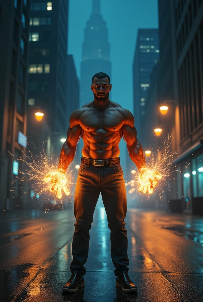 A man with super power in his hand in the middle of street in night
