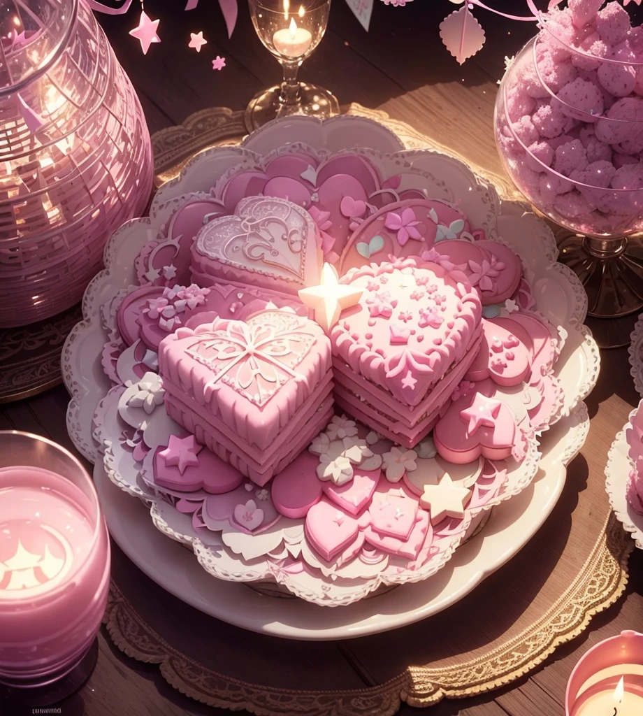 Create gorgeous handmade cookies that fit together like a puzzle in the forest Candy Castle Fairy World chocolate A soft light shines through Delicate lace and ribbon Light color gem lame Photon Mapping High Contrast Diamond particles antique The color is pink and white Cookie Puzzle cute Sparkling Star Fragment Multiple Exposure