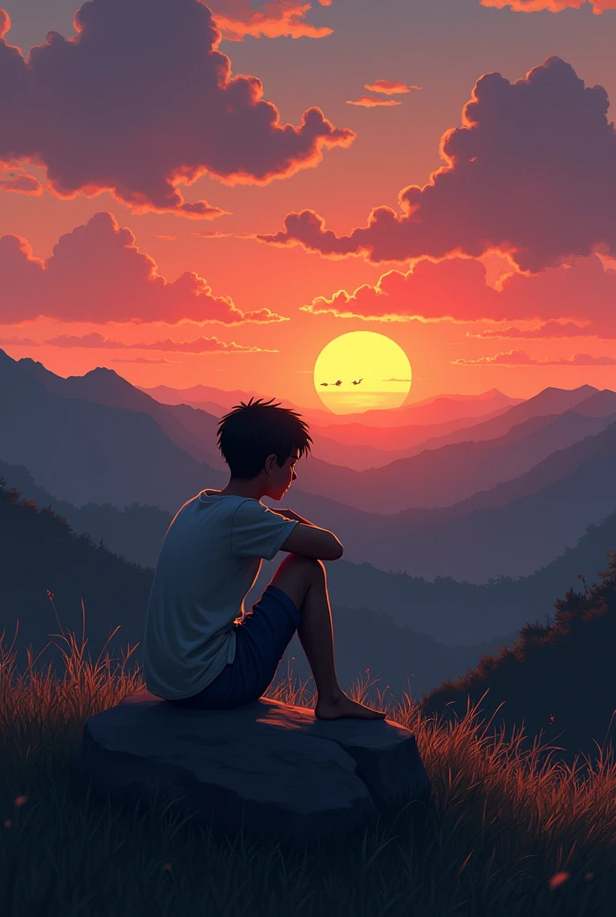 A teen broken hearted boy seeing the sunset between small mountain add some additional colour 